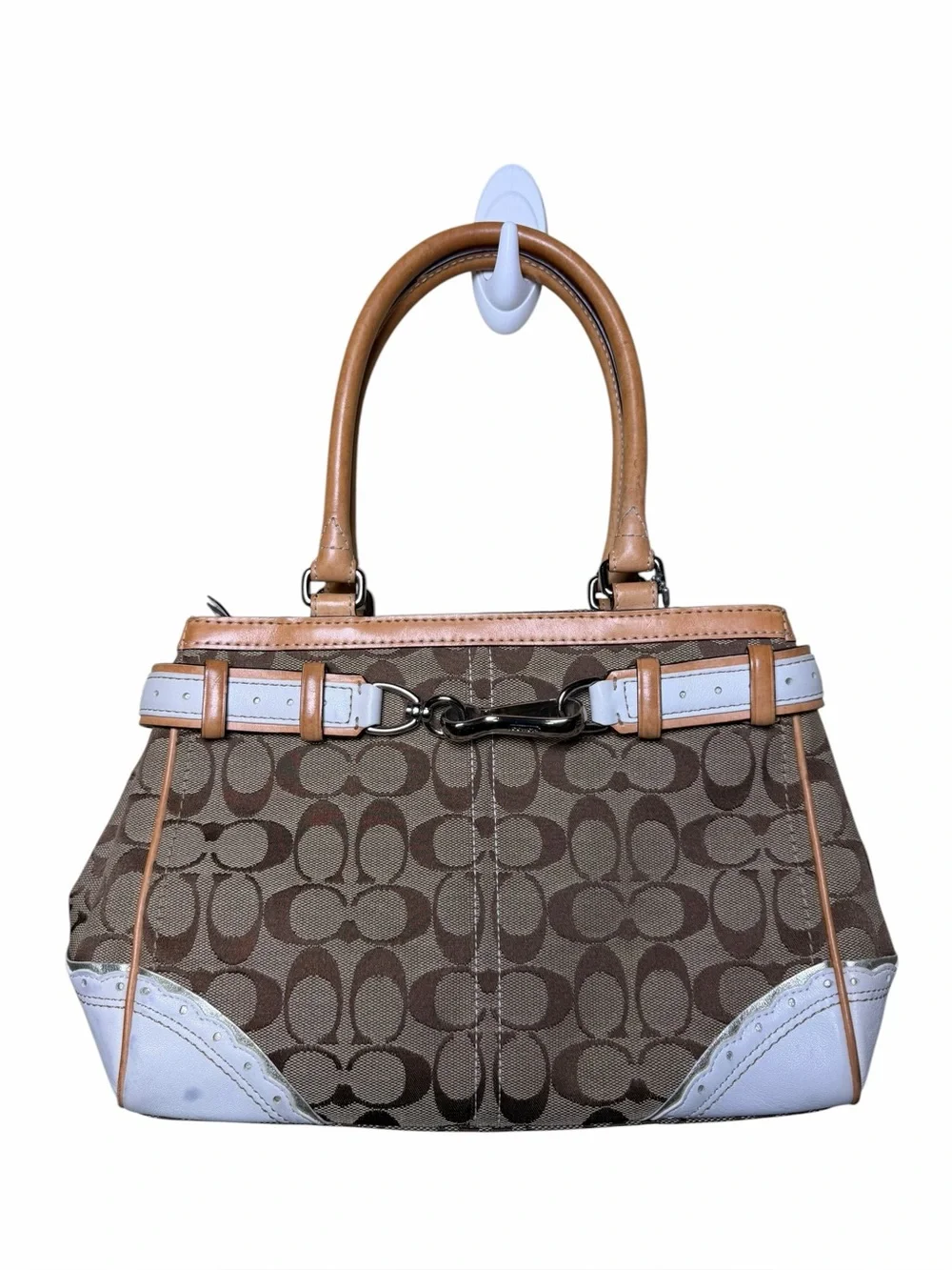 Coach Signature Hampton Buckle Belted Satchel Y2K Blue Leather Jacquard Bag